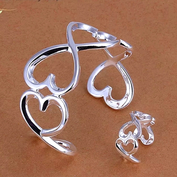 Heart Hollow Out Sterling Silver Bangle Bracelet Ring Set - Picture 1 of 9